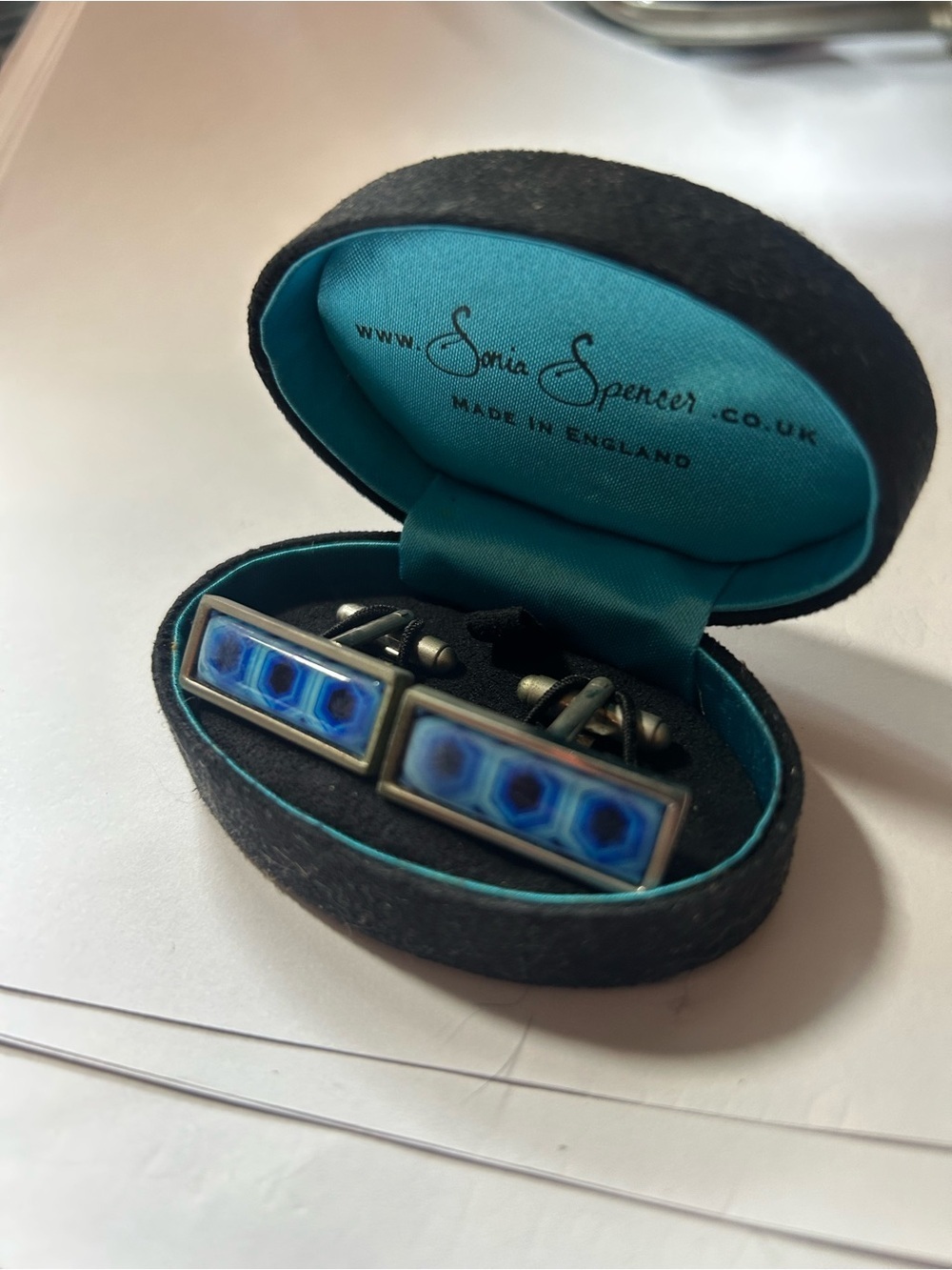 Sonia Spencer Bullet Back Cufflinks Mens Blue Enamel Rectangular Made in England